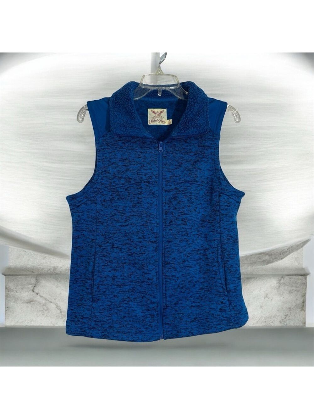 Faded Glory Deep Blue Heathered Sweater Knit Fleece Lined Zip Front Vest Size M